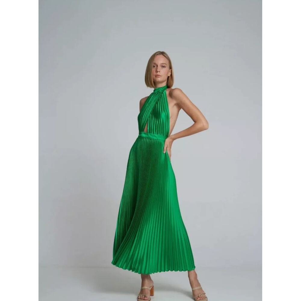 L’IDEE Bright Green Renaissance Mock Neck Pleated Satin Midi Dress Size US 8